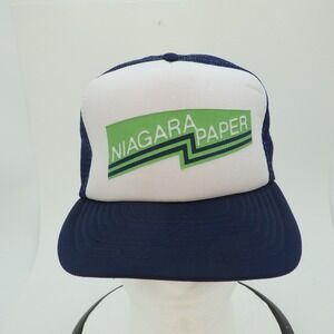 Vintage Niagara Paper Trucker Hat Mens Navy White Mesh Snapback Cap Foam